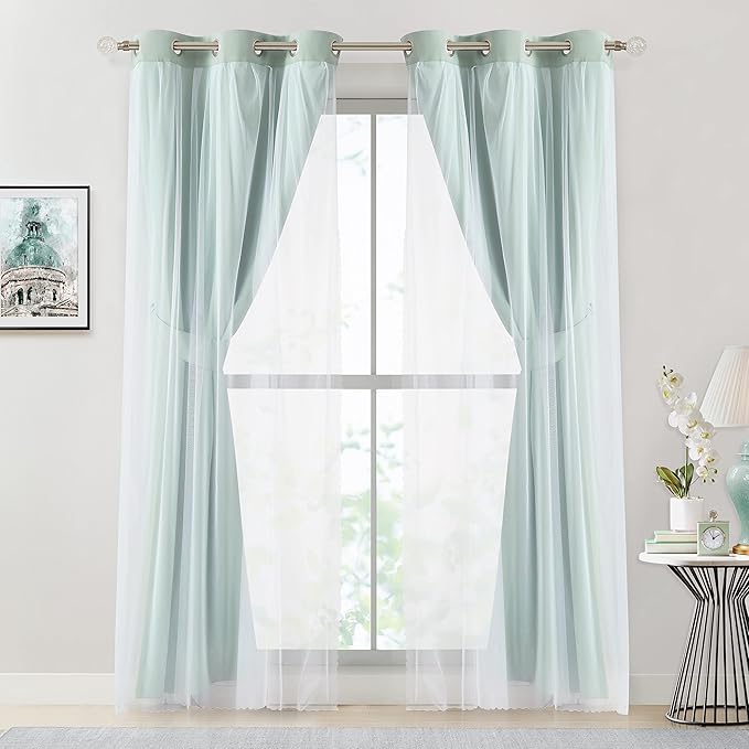 Bujasso Aqua 80% Blackout Curtains with Sheer Overlay Mix and Match Double Layer Thermal Insulated Window Panels 95 inch for Living Room Bedroom Mint Green Drapes with Tiebacks Grommet Top 37"Wx95"Lx2