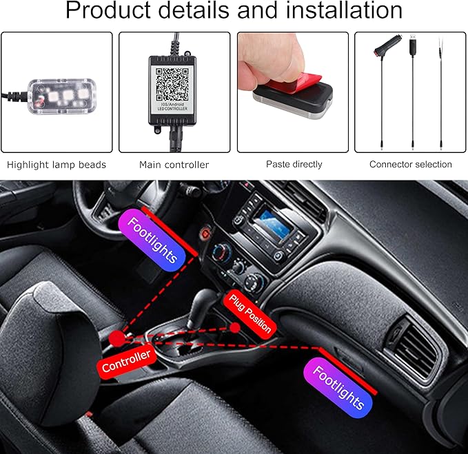 RGB Car Footwell Ambient Lighting Kit Car Charger + USB 16.7 Millions Colors Sound Active Music Sync APP Control Car Interior Multicolored Footwell Atmosphere Light 12V