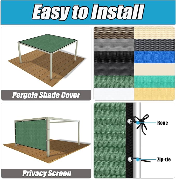 Amagenix 90% Pergola Shade Cover 7' X 11' Sun Shade Cloth with Grommets for Outdoor Garden Patio Porch, Commercial Grade 200 GSM - Cable Zip Ties Included (We Customized) GN108, Green