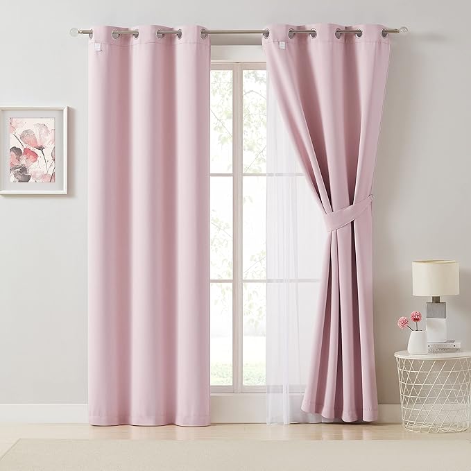 Bujasso Pink Blackout Curtains with Sheer Overlay Mix and Match Double Layer 80% Room Darkening Window Treatment Set for Girls Bedroom Living Room Pink Drapes with Tiebacks Grommet Top 37" Wx95 Lx2
