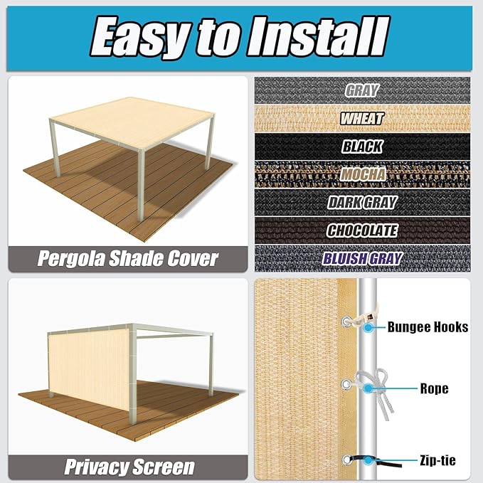 Amagenix 90% Sun Shade Cloth with Grommets, 12' x 12' Pergola Replacement Shade Cover Canopy Privacy Screen for Outdoor Patio Garden, Wheat (We Customized)