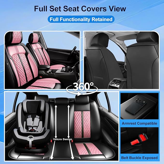 Fit CX-30 Car Seat Covers for Select Mazda CX30 2020-2025, Full Coverage Leather, Airbag Compatible, Luxury Waterproof All Weather Seat Protector, Full Set, Black+Pink