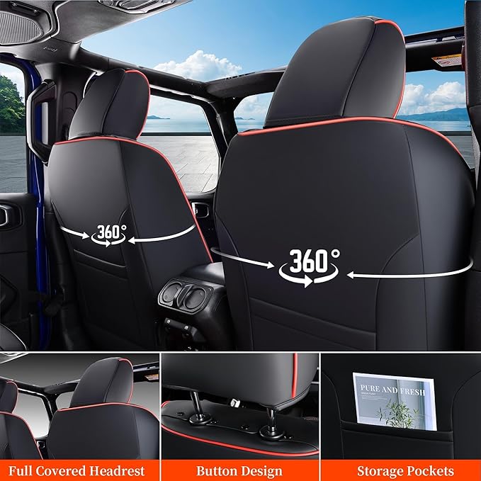 Coverado Seat Covers Full Set for Jeep Wrangler, Waterproof Car Seat Protector for Automotive Truck Seat Custions Custom Fit for 2013-2017 Jeep Wrangler JK Seat Covers for Cars 4 Door(Red Line)