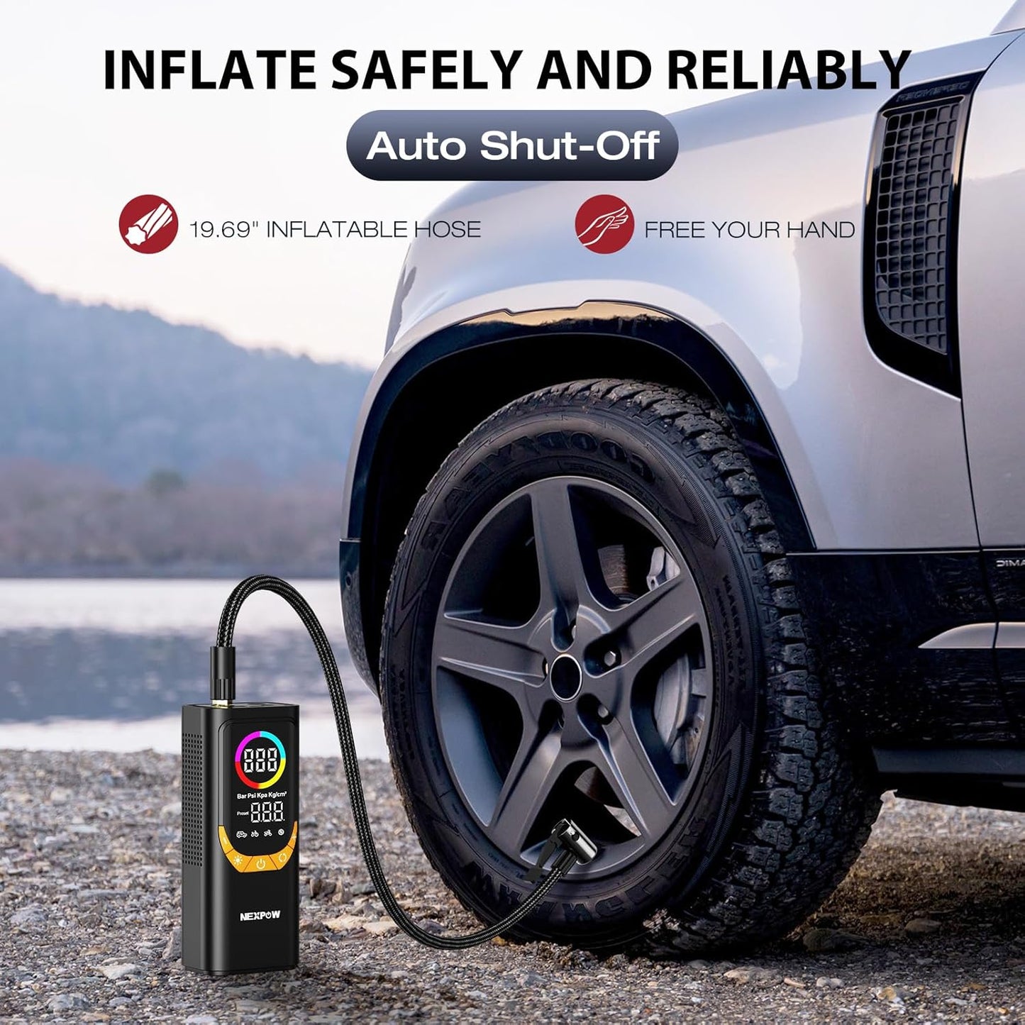 NEXPOW NP17 Portable Air Compressor, 150 PSI Digital Tire Inflator, Fast Inflation with Auto Shut-Off, LED Light, Multiple Nozzles for Car, Bike, and Ball, Compact Design, Yellow