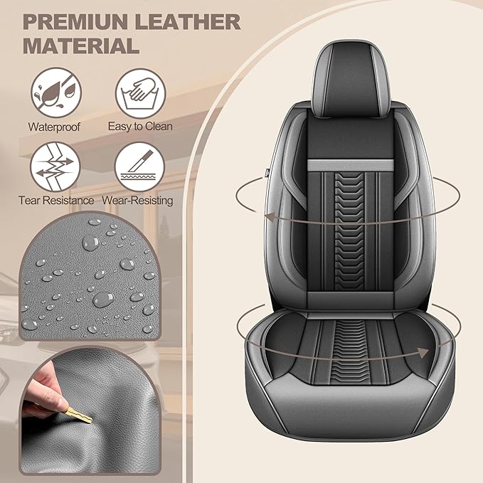 TTX LIGHTING for Ford Edge 2007-2026 Seat Covers: Waterproof Leather Seat Protector with Airbag Compatible (2 Front Seats,Black&Gray)
