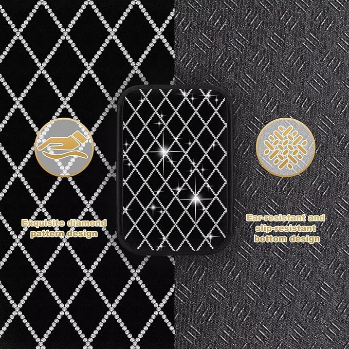 Bling Center Console Cover with 2 Side Pockets Fit for Highlander Multi-Functional Car Armrest Cushion Diamond-Studded Rhombus Pattern Style(Black&Silver Diamond)
