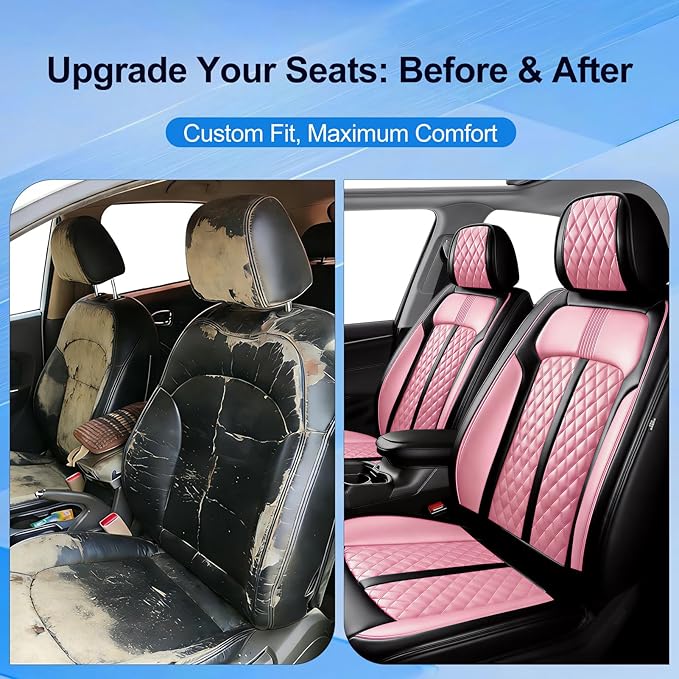 Fit Equinox Car Seat Covers for Chevrolet/Chevy Equinox 2007-2026, Premium Full Coverage Leather, Airbag Compatible, Waterproof All Weather Seat Cushion Protector, Front Pair Black+Pink