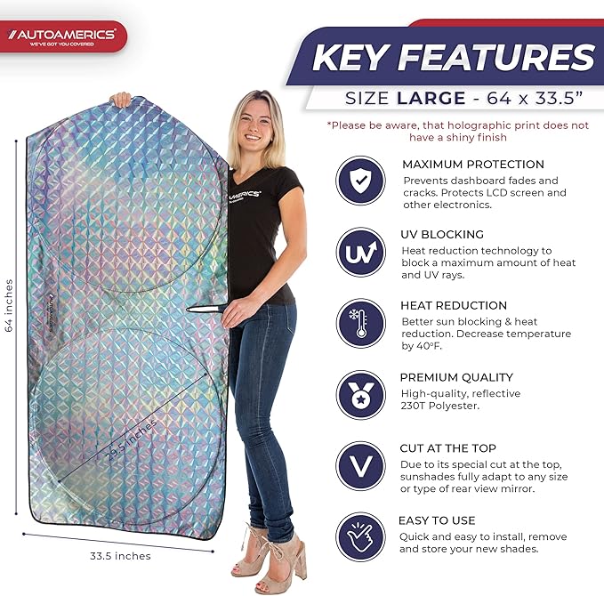 Autoamerics 1-Piece Windshield Sun Shade - Holographic Print Foldable Car Front Window Sunshade for Cars SUV Truck - Heat Blocker Visor Protector Blocks Max UV Rays and Keeps Your Vehicle Cool - Large