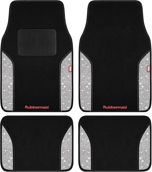 Rubbermaid Bling Car Mats, Carpeted Floor Car Mat with Faux Leather & Built-in Heel Pad, Two-Tone Car Rug Floor Mats, Stylish Carpeted Floor Mats for Cars, Trucks & SUVs Glitter Sliver Color