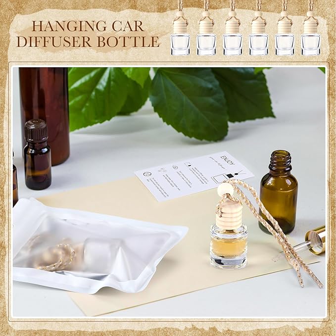 Boao 300 Sets Hanging Car Air Freshener Diffuser Bottles with Instruction Card and 4 x 6'' Resealable Holographic Bag for Empty Car Essential Oil Perfume Bottles Packaging (Cylinder)