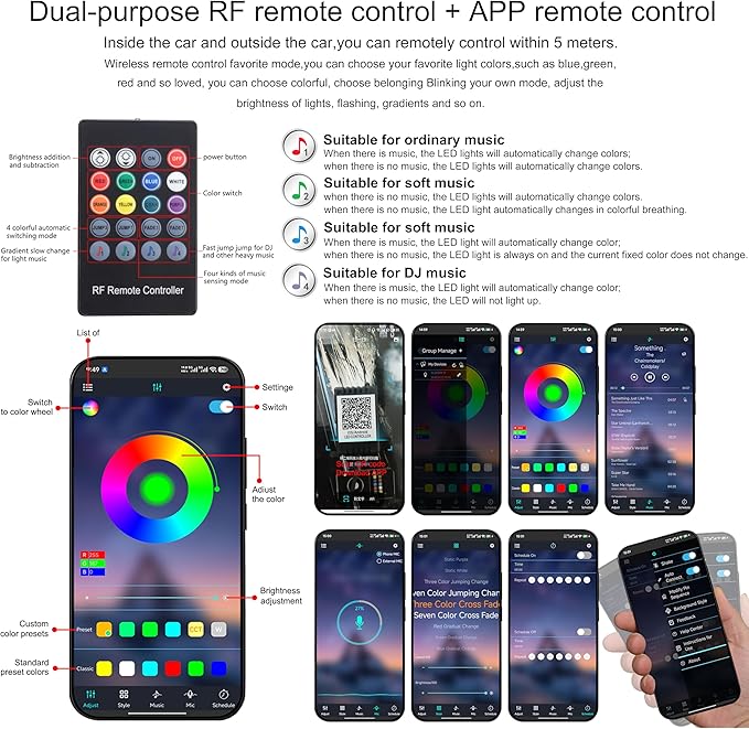 RGB Car Footwell Ambient Lighting Kit Car Charger + USB 16.7 Millions Colors Sound Active Music Sync APP Control + RF Remote Controller Car Interior Multicolored Footwell Atmosphere Light