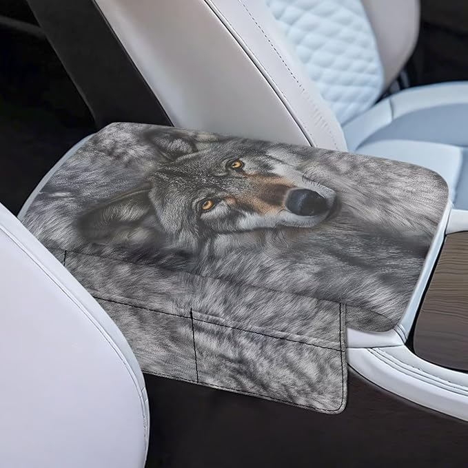 Dreaweet Car Center Console Cover with Pockets Grey Wolf Car Accessories for Women Men Thick Arm Rest Cover for Car SUV Truck Non Slip Comfortable Car Armrest Cushion Cover Pad