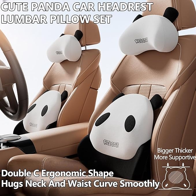 Cute Panda Car Neck Pillow & Lumbar Support Memory Foam Cushion for Driving Adjustable Headrest Waist Pillow for Most Seats (Black, Headrest)