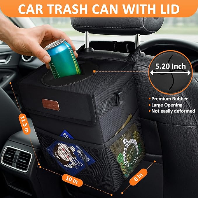 Vankor 3 Gallons Car Trash Can with Lid, Bag Bin Hanging Waterproof Automotive Car Garbage Cans Leak Proof Vehicle Trash Can Black
