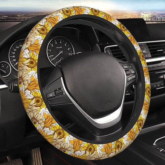 Sunflower Car Steering Wheel Cover, Non Slip Universal Wheel Protector Elastic 15 Inch Car Accessories for Men Women