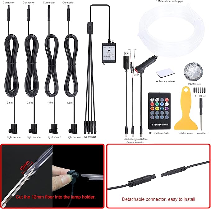 5 m Optic Fiber Car Ambient Lighting Kit RF Remote Control 8 Colors Multicoloured Music Interior Lighting Kit 12V 1W