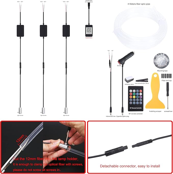 64 Colors Car Ambient Lighting Fiber Optic RF Remote + APP Control Multicoloured Music Car Atmosphere Decorative Lighting Kit 1W DC 12V-24V 4m