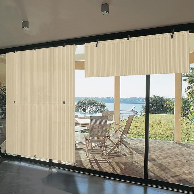 Bynbbur 8'W x 6.5'H Outdoor Patio Shades Foldable Roller Blinds, 220 GSM Sun Shade Roll Up Porch Screens Exterior Shade Cloth for Deck Pergola Backyard, Beige