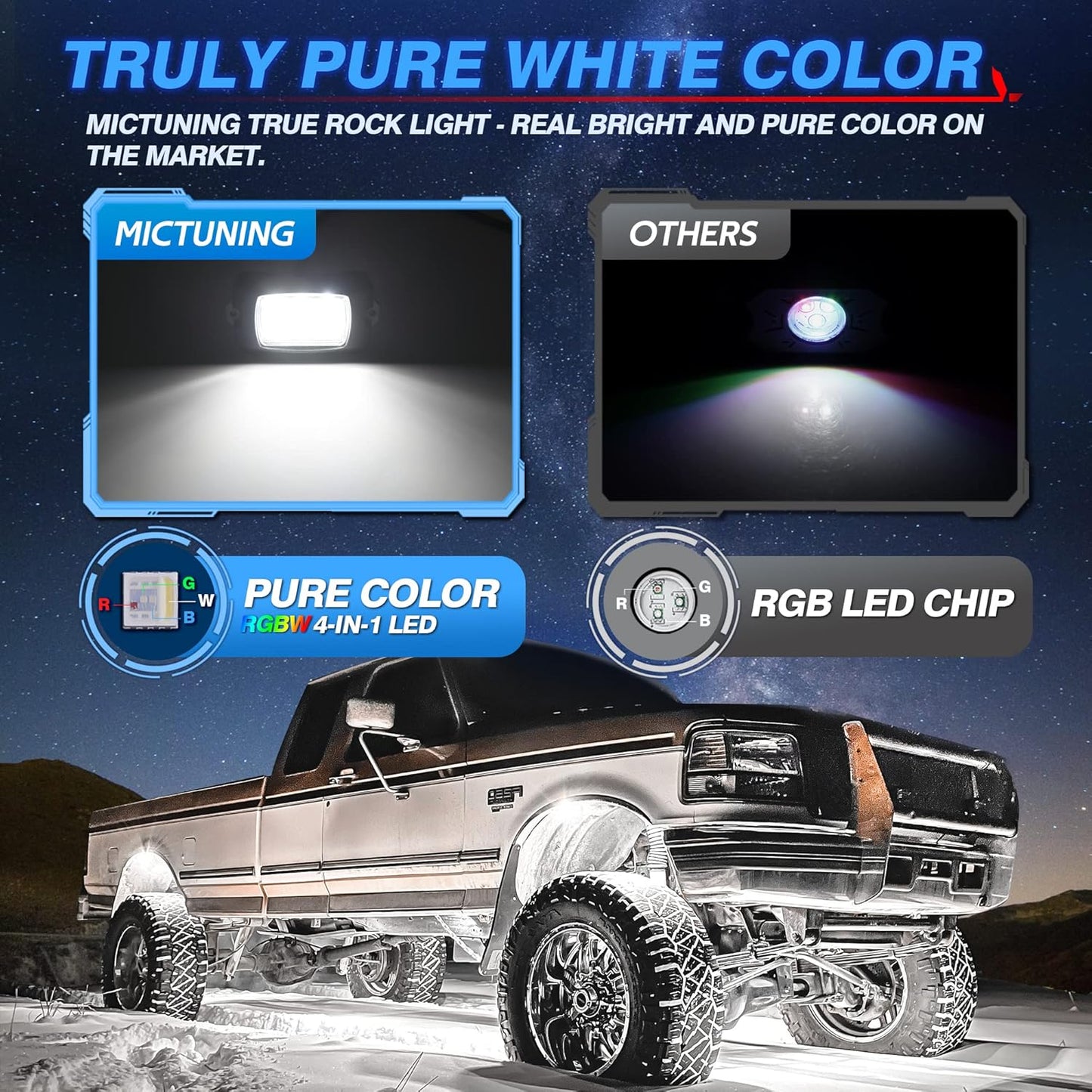 MICTUNING Q1 RGBW Rock Lights, 8 Pods Pure Color Underglow Neon Multicolor Lighting with Wiring Switch Kit, Bluetooth Controller, Remote Control, Music Mode for Trucks Car ATV UTV Golf Cart