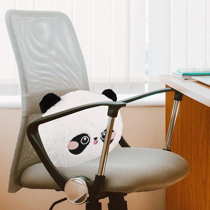 Lumbar Support Pillow for Car Seat Cushion with Cartoon Panda Cover, Plush Back Rest for Driver and Office Chair, Soft Airplane Neck Pillow for Lower Back Relief