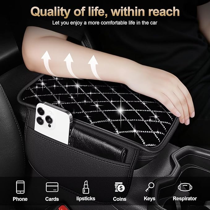 Bling Center Console Cover with 2 Side Pockets Fit for Land Cruiser Multi-Functional Car Armrest Cushion Diamond-Studded Rhombus Pattern Style(Black&Silver Diamond)