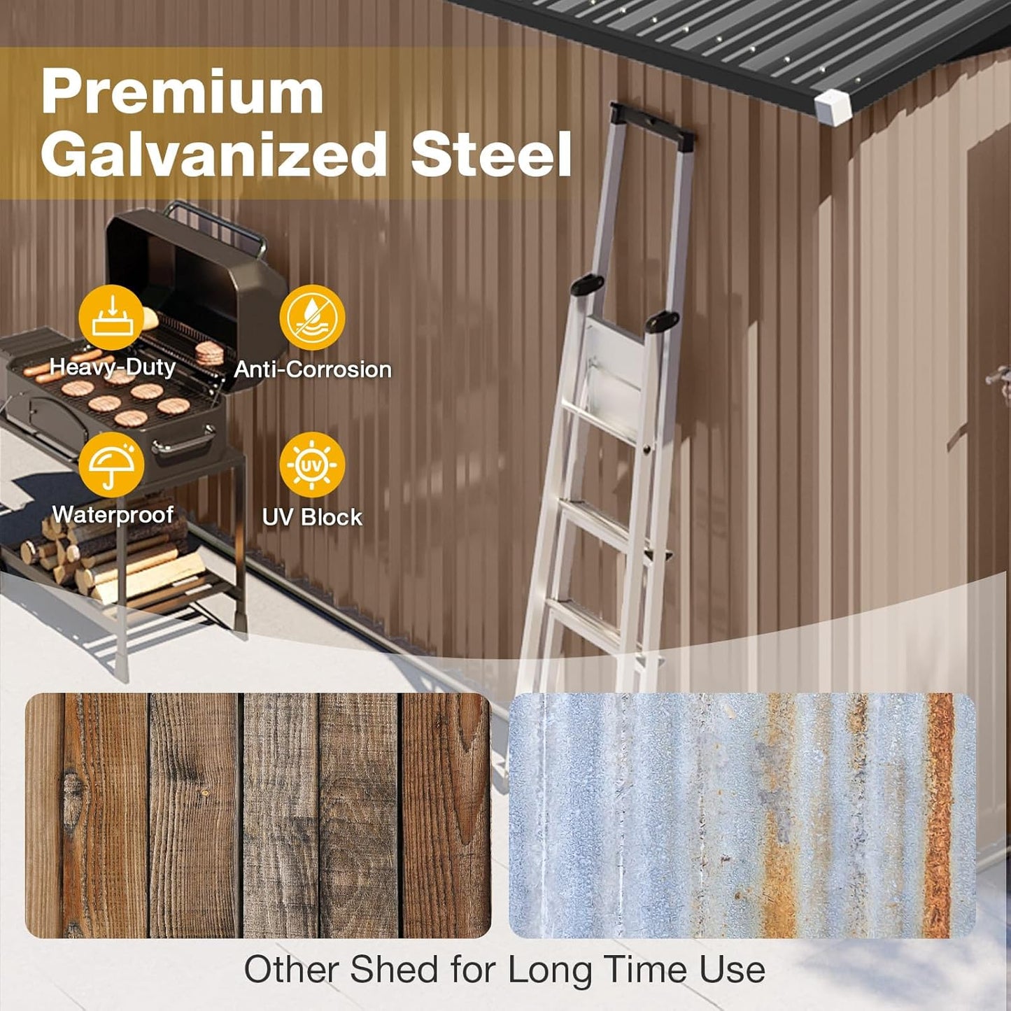10x12 FT Outdoor Storage Shed with Floor & Lockable Double Doors, Heavy-Duty Galvanized Steel Outdoor Metal Shed for Bike, Tool, Generator Storage in Backyard, Patio (10’x12’, Floor)