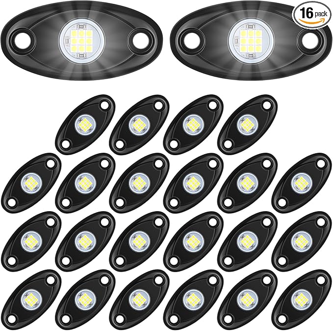 Treela 16 Pods LED Rock Lights White for Truck ATV UTV SUV Motorcycle Car Boat Pure Ambient Underglow Lights Waterproof Underbody Glow Neon Trail Rig Lamp