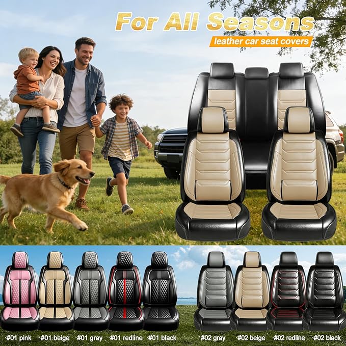 Fit Malibu Car Seat Covers for Chevrolet/Chevy Malibu 2009-2025, Full Coverage Leather, Airbag Compatible, Waterproof All Weather Breathable Seat Cushion Protector, Full Set, Black+Beige