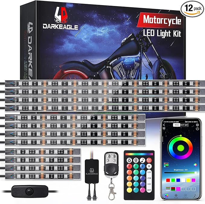 12PCS Motorcycle RGB LED Light Kit with Brake Turn Signal, Underglow Lights with APP/RF Remote,Neon Accent Light MultiColor Dual Zone Waterproof 12V for Sport Bike, Cruiser, Street&Off-Road Motorcycle