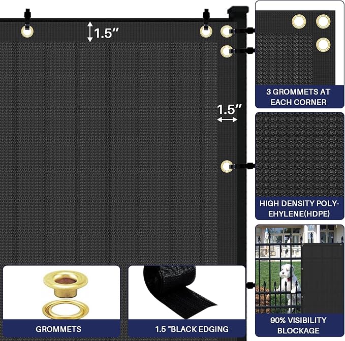 Windscreen4less Privacy Fence Screen Heavy Duty Windscreen Fencing Mesh Fabric Shade Net Cover with Brass Grommtes for Outdoor Wall Garden Yard Pool Deck, 8'x92' Black