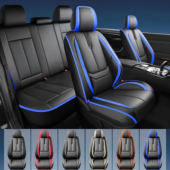 Fit Highlander Car Seat Covers for Toyota Highlander 2007-2026 -Upgraded Premium Waterproof & Breathable Leather,Airbag Compatible,All-Weather Seat Cushion Protector,2 Front/Black-Blue