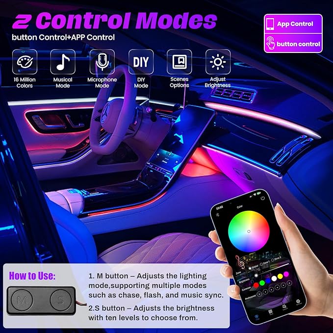 KENANEK Ambient Lighting Car Interior LED Strip Lights 10-in-1, 175” Acrylic Multi-Color Car Ambient Lighting Kit with Music Sync, APP Control, Interior LED Lighting for Cars SUVs Trucks