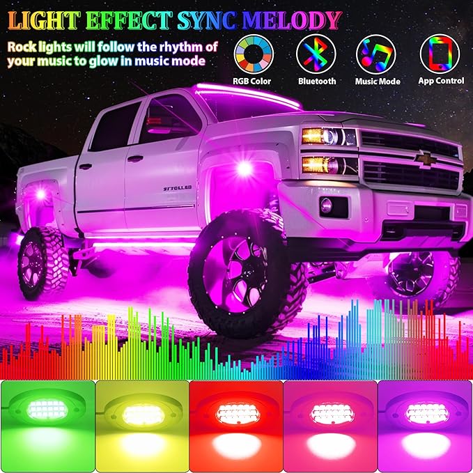 4 Pods RGB LED Rock Lights, Underglow Multicolor Neon Light Kit, Wheel Well Light with APP Control & Music Mode, Under Glow Lights for Trucks,Jeep,SUV,Golf Cart,ATV,Pickup Off Road,12V