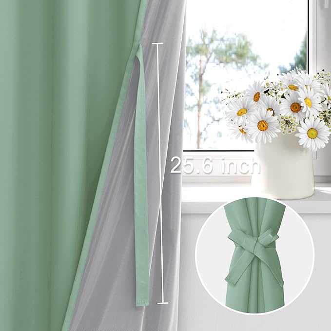 XWZO 100% Blackout Curtains 2 Panels with Tiebacks- Double Layers Heat and Full Light Blocking Window Panels with Grommets for Narrow Short Windows, Light Sage, W38 x L54, Set of 2