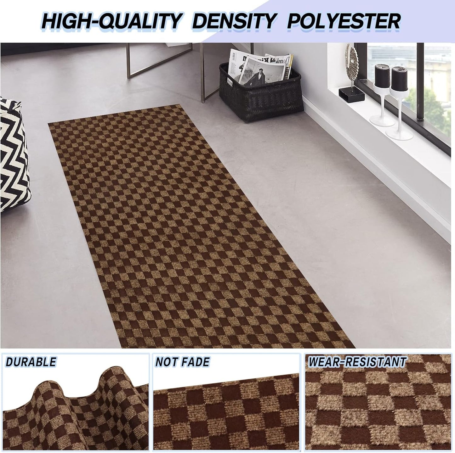 Custom Size Backed Non-Slip Area Rugs Runner, Easy Clean, Waterproof Runner Rugs for Hallway Entryway, Kitchen, Laundry, 2FT x 32FT, Brown Checkered