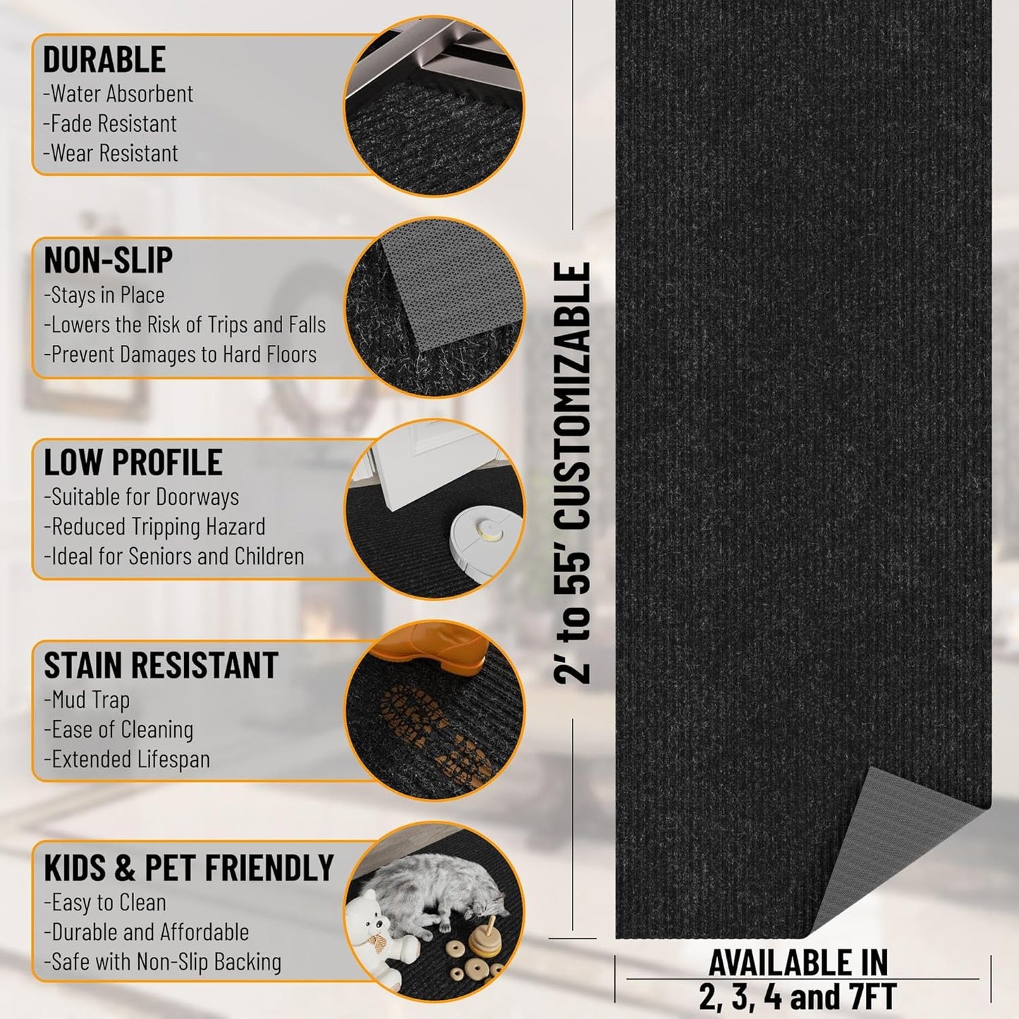 Ottomanson 3'11" x 25' Hallway Runner with Scraper Pile - Extra Durable Non-Slip Rug Mat for Indoor & Outdoor Use - Ideal for Kitchen, Entryway & Garage - High-Traffic Carpet, Black