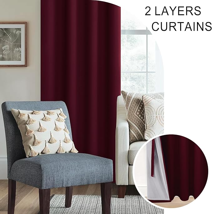 XWZO 100% Blackout Curtains with Tiebacks - Heat and Light Blocking Ring Top Window Drapes with Black Liner Backing for Bedroom Sewn with Tiebacks, Burgundy, W52 x L72, Set of 2