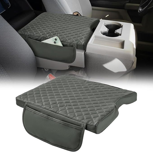 JOYTUTUS Center Console Cover Compatible with 2015-2026 Ford F150, 2017-2026 F250 F350 F450 with 40/20/40 Jump Seat, Leather Armrest Cover Center Console Cushion w/Side Pockets, Gray (Jump Seat Only)