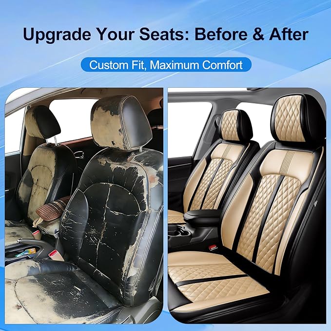 Fit Equinox Car Seat Covers for Chevrolet/Chevy Equinox 2007-2026, Premium Full Coverage Leather, Airbag Compatible, Waterproof All Weather Seat Cushion Protector, Full Set, Black+Beige