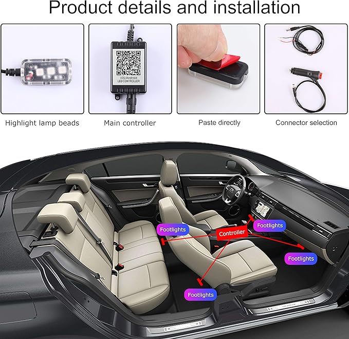 Car Footwell Interior Atmosphere Lights, Multicolor RGB Car Ambient Lighting Kit, DIY Mode Sound Active Music Sync, APP Control DC 12V