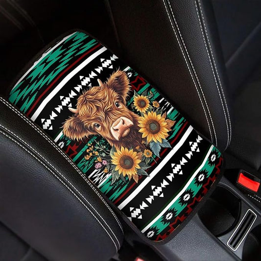 UNICEU Aztec Sunflower Highland Cow Print Car Center Console Armrest Cushion Cover Soft Auto Interior Decor Armrest Box Protector Covers Pad