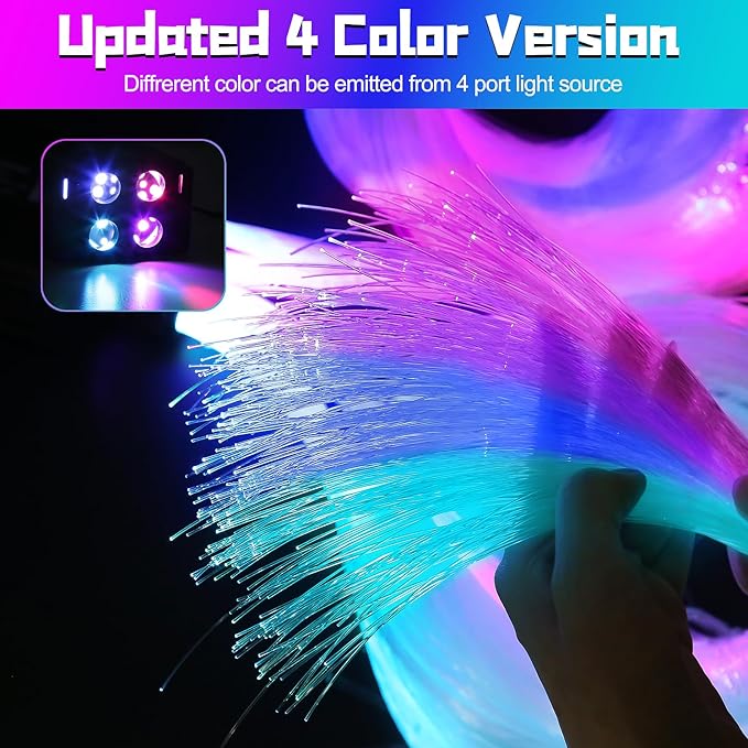 4 Colors 32W Twinkle Car Starlight Headliner Kit 1000pcs*0.03in*13.1ft with APP&RF Remote,RGBW Fiber Optic Strands Star Roof Lights,4 Port Engine Sound Activated Ceiling Star Lights for Home/Car Decor