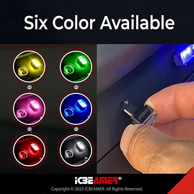 ICBEAMER Type C Adapters Atmosphere Light 2-Pack (Purple) | Universal Plug-in Miniature LED Night Light for Car Interior and Trunk Ambient Lighting Solution