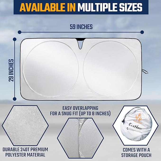 EcoNour Car Windshield Sunshade | Full-Size Heat & UV Blocking Protection | Foldable Sun Shade for Standard Windshields | Keeps Vehicle Interior Cool | Durable & Easy to Store- Small