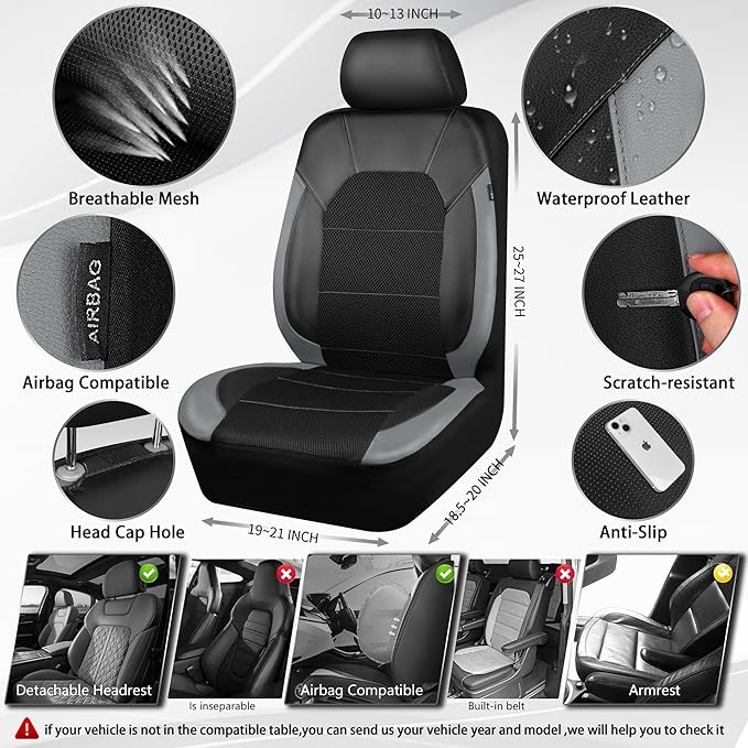 CAR PASS Leather Seat Covers, Automotive Sport Car Seat Cover Super 5mm Composite Sponge Inside, Airbag Compatible Universal Fits Most Cars, SUVs, Trucks and Vans (Full Set,Black & Gray)
