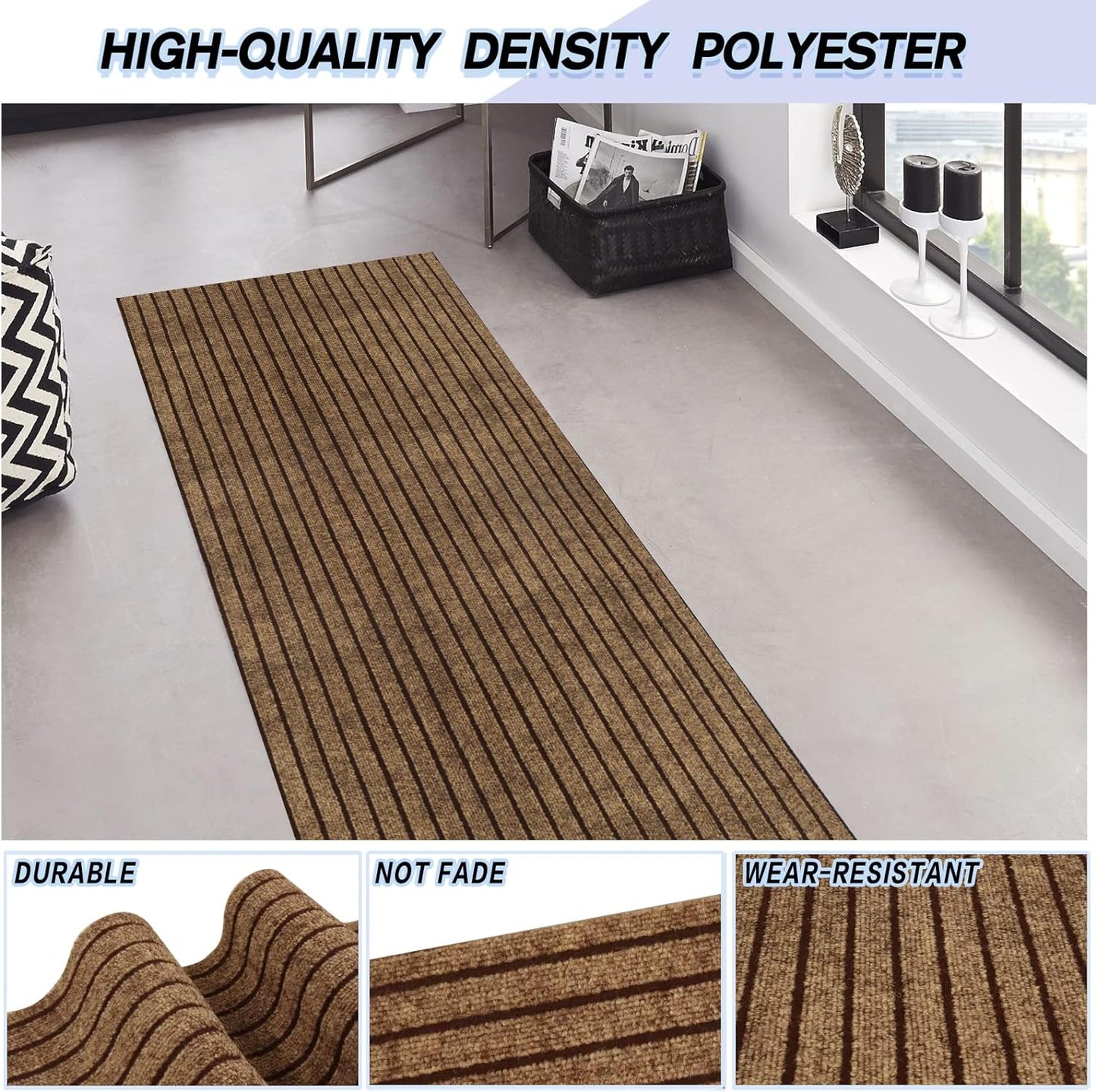 Custom Size Backed Non-Slip Area Rugs Runner, Easy Clean, Waterproof Runner Rugs for Hallway Entryway, Kitchen, Laundry, 2FT x 5FT, Brown Stripe