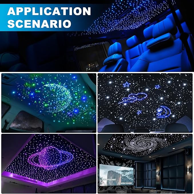 4 Colors 32W Twinkle Car Starlight Headliner Kit 600pcs*0.03in*13.1ft with APP&RF Remote, RGBW Fiber Optic Strands Star Roof Lights,4 Port Engine Sound Activated Ceiling Star Lights for Home/Car Decor