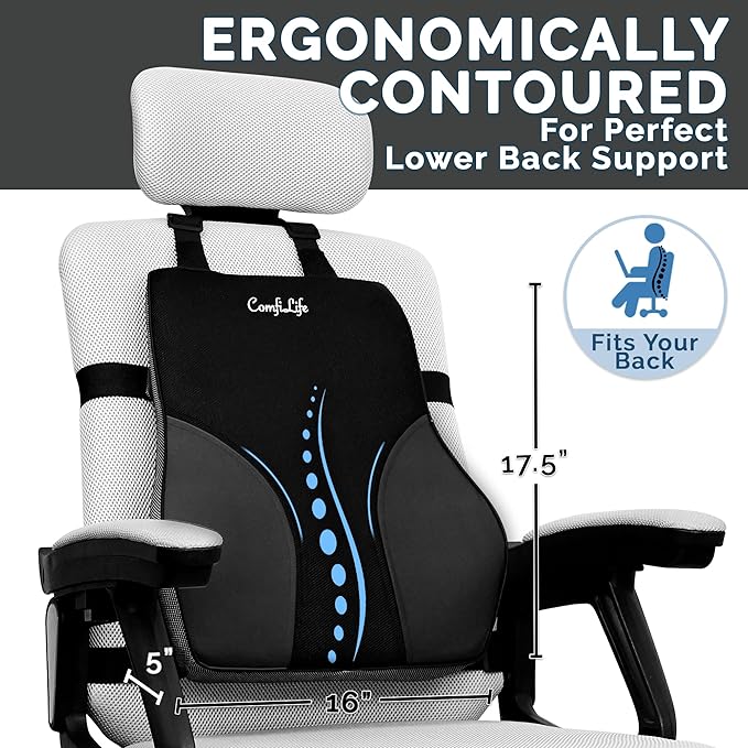 ComfiLife Lumbar Support Pillow for Office Chair – Premium Memory Foam Lumbar Pillow – Back Support for Office Chair, Car – Back Pain Relief, Improves Posture – 3 Adjustable Straps, Mesh + Leatherette