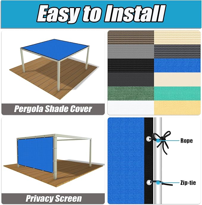 Amagenix 90% Pergola Shade Cover 6' X 14' Sun Shade Cloth with Grommets for Outdoor Garden Patio Porch, Commercial Grade 200 GSM - Cable Zip Ties Included (We Customized) GN108, Blue