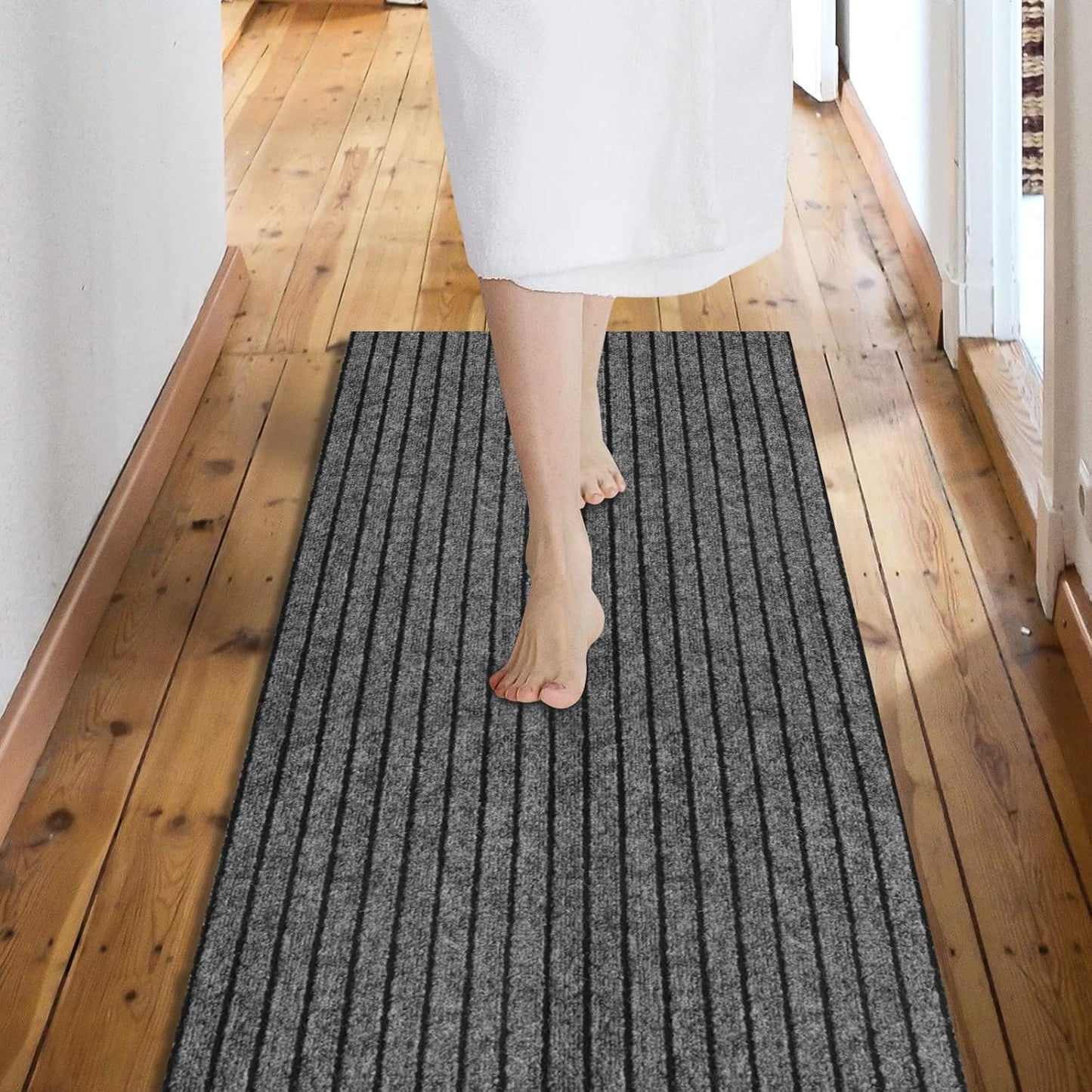 Custom Size Backed Non-Slip Area Rugs Runner, Easy Clean, Waterproof Runner Rugs for Hallway Entryway, Kitchen, Laundry, 2FT x 47FT, Gray Stripe